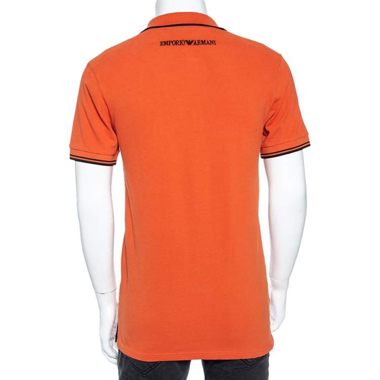 Pre Owned Emporio Armani Orange Cotton Contrast Trim Logo Patch Polo T-Shirt L