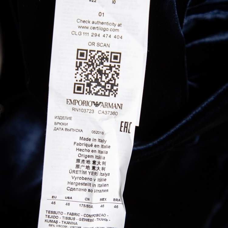 مملوكة مسبقًا Emporio Armani Navy Blue Velvet Side Tightener Detail Pants XXL