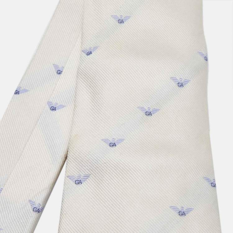Pre Owned Emporio Armani Cream Logo Jacquard Silk Traditional Tie 