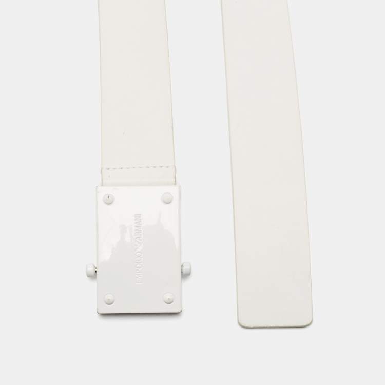 Pre Owned Emporio Armani White Leather Cut to Size Logo Buckle Belt