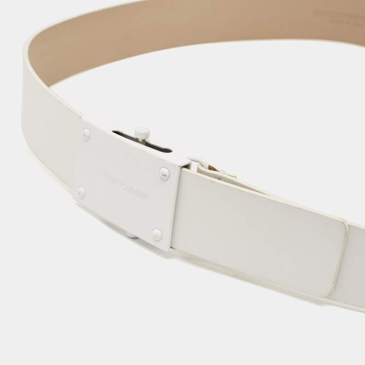 Pre Owned Emporio Armani White Leather Cut to Size Logo Buckle Belt