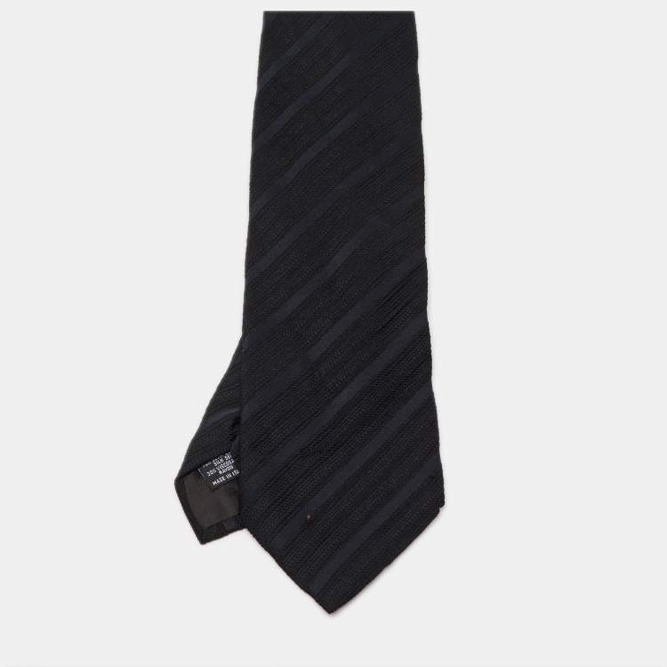 Pre Owned Emporio Armani Black Striped Jacquard Silk Tie