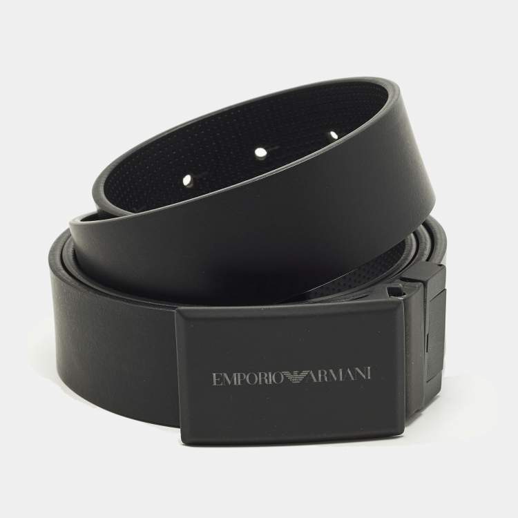 مملوكة مسبقًا Emporio Armani Logo Plague Buckle Cut to Size Black Perforated Leather