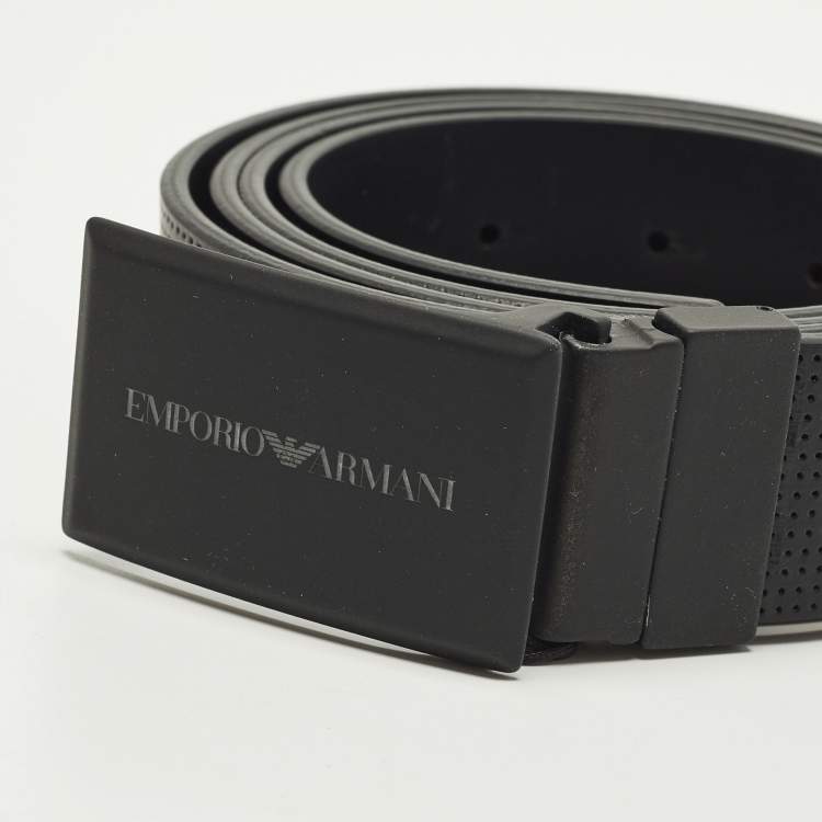مملوكة مسبقًا Emporio Armani Logo Plague Buckle Cut to Size Black Perforated Leather
