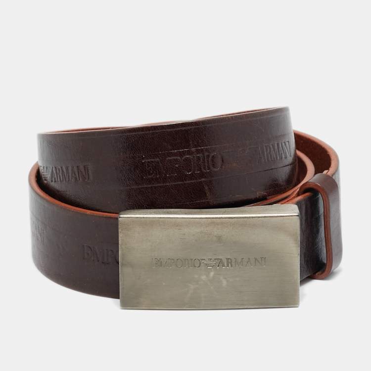 Pre Owned Emporio Armani Logo Plaque 46 Buckle Belt Brown Leather