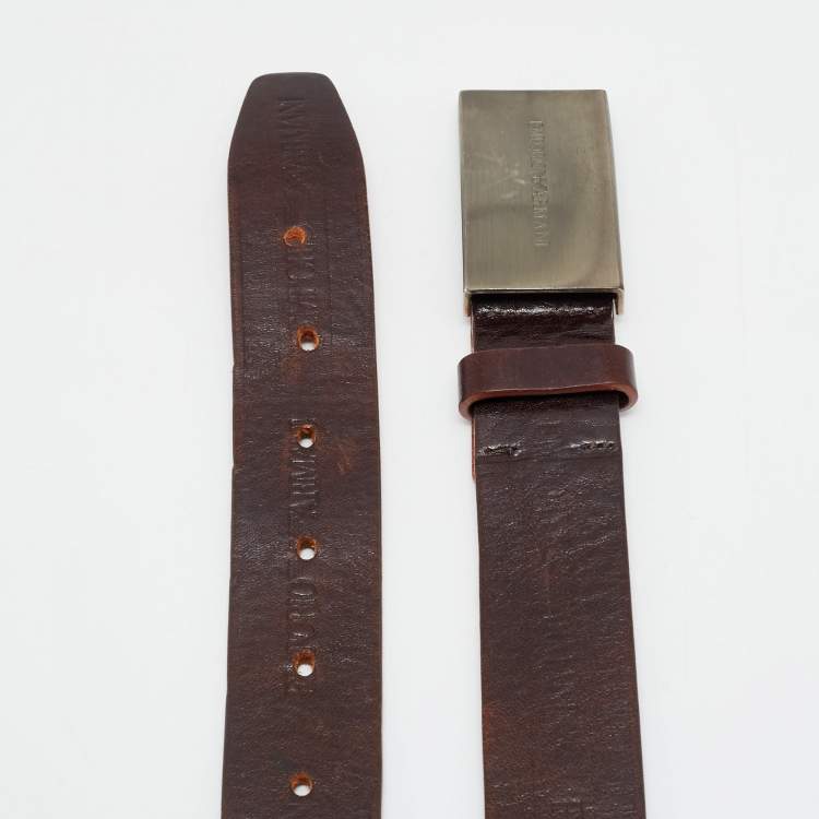Pre Owned Emporio Armani Logo Plaque 46 Buckle Belt Brown Leather