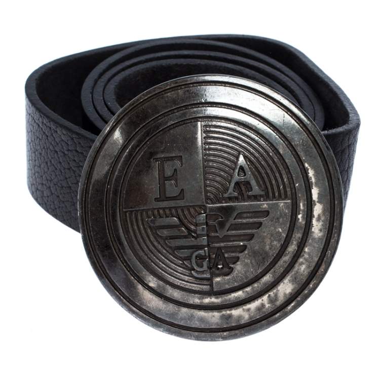 Emporio Armani Black Leather Logo Round Buckle Belt 130CM Emporio Armani |  TLC