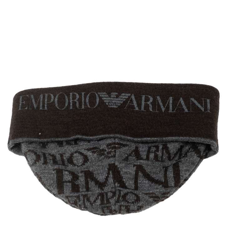 Pre Owned Emporio Armani Grey Logo Printed Wool Beanie S