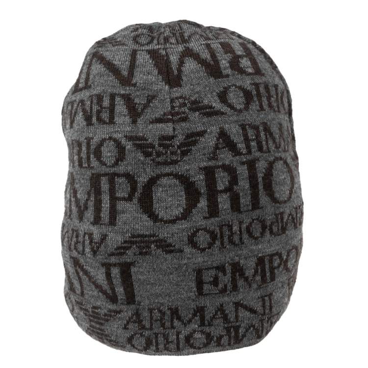 Pre Owned Emporio Armani Grey Logo Printed Wool Beanie S