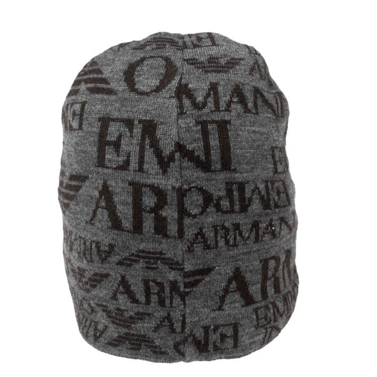 Pre Owned Emporio Armani Grey Logo Printed Wool Beanie S