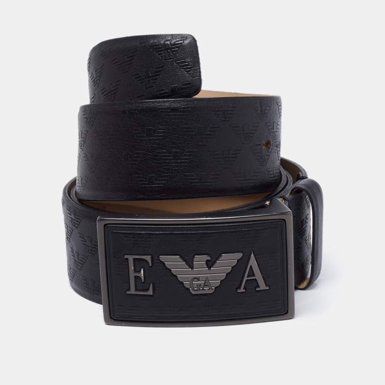 EMPORIO ARMANI: leather belt with all over monogram - Black