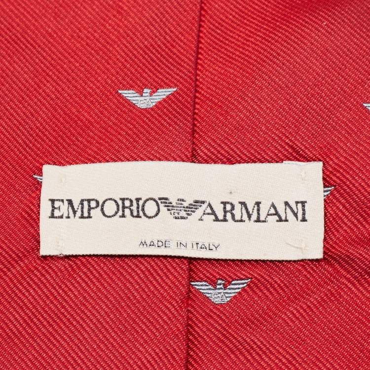 Pre Owned Emporio Armani Red Logo Patterned Silk Traditional Tie