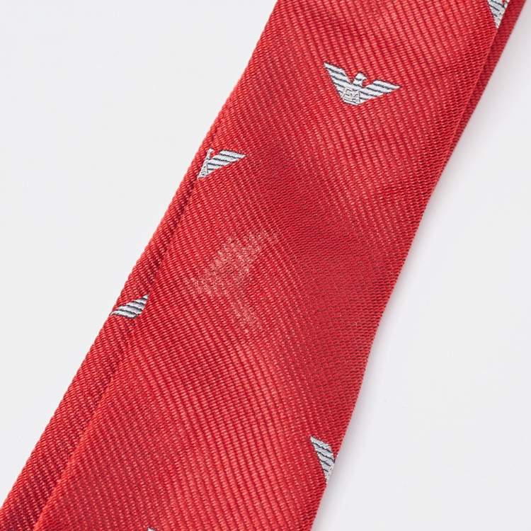 Pre Owned Emporio Armani Red Logo Patterned Silk Traditional Tie