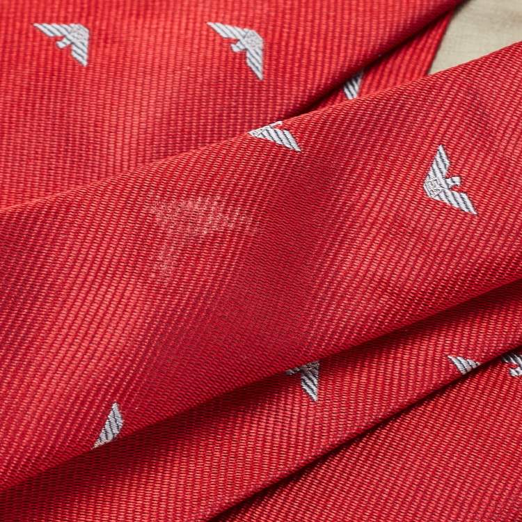 Pre Owned Emporio Armani Red Logo Patterned Silk Traditional Tie