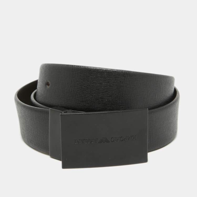 Pre Owned Emporio Armani Black/Choco Brown Leather Reversible Cut to Size Buckle Belt