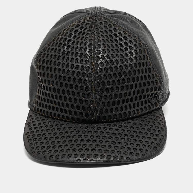 Pre Owned Emporio Armani Black Leather Cutout Baseball Cap S