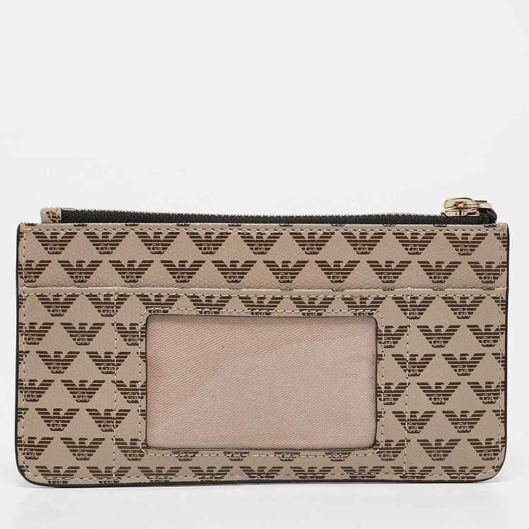 Pre Owned Emporio Armani Beige Signature Leather and PVC Zip Card Holder