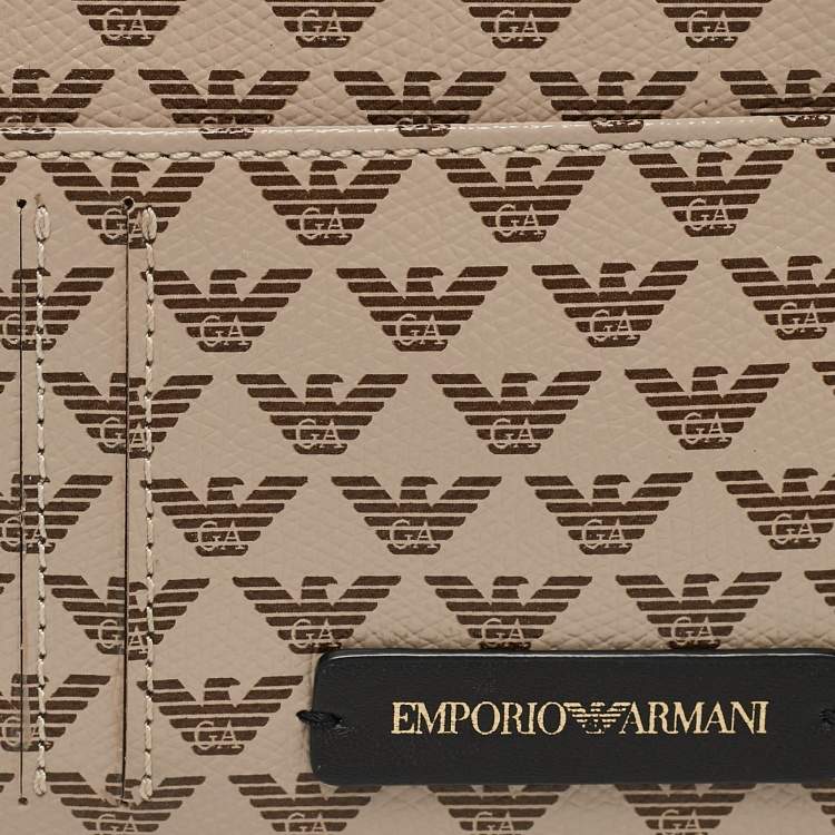Pre Owned Emporio Armani Beige Signature Leather and PVC Zip Card Holder