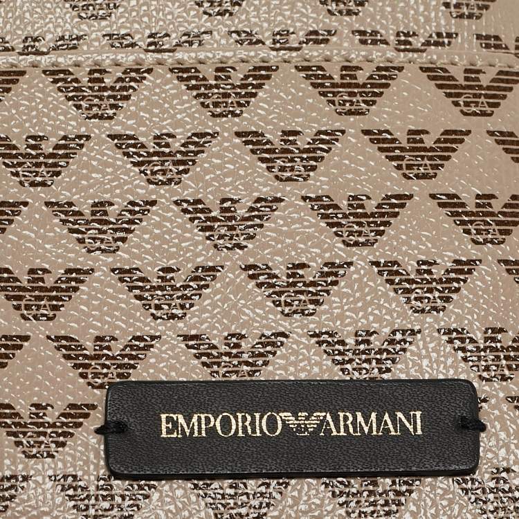 Pre Owned Emporio Armani Beige Signature Leather and PVC Zip Card Holder