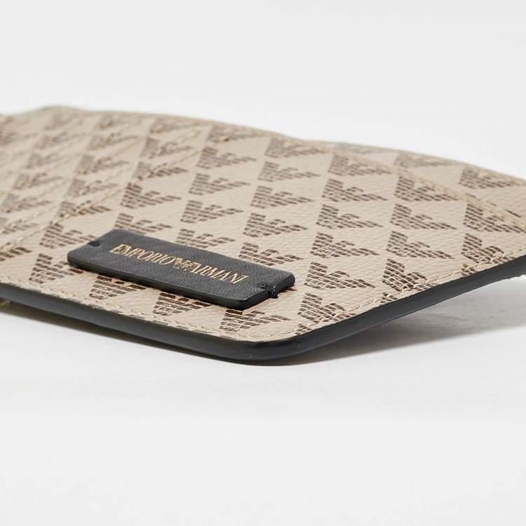 Pre Owned Emporio Armani Beige Signature Leather and PVC Zip Card Holder