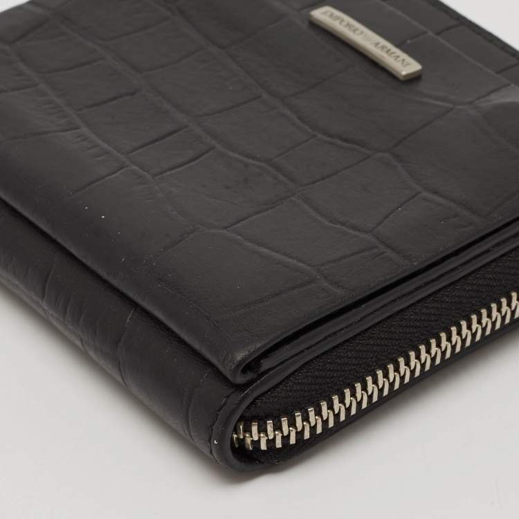 Pre Owned Emporio Armani Black Croc Embossed Leather Zip Around Compact Wallet