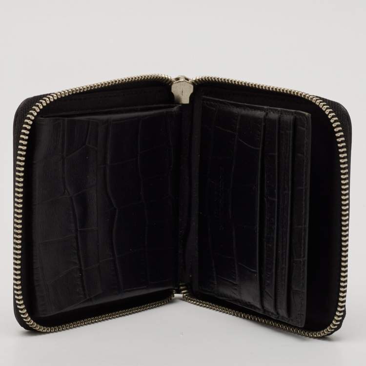 Pre Owned Emporio Armani Black Croc Embossed Leather Zip Around Compact Wallet