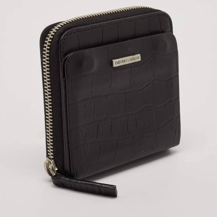 Pre Owned Emporio Armani Black Croc Embossed Leather Zip Around Compact Wallet