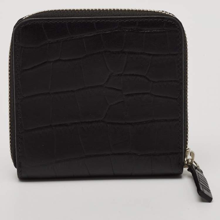 Pre Owned Emporio Armani Black Croc Embossed Leather Zip Around Compact Wallet