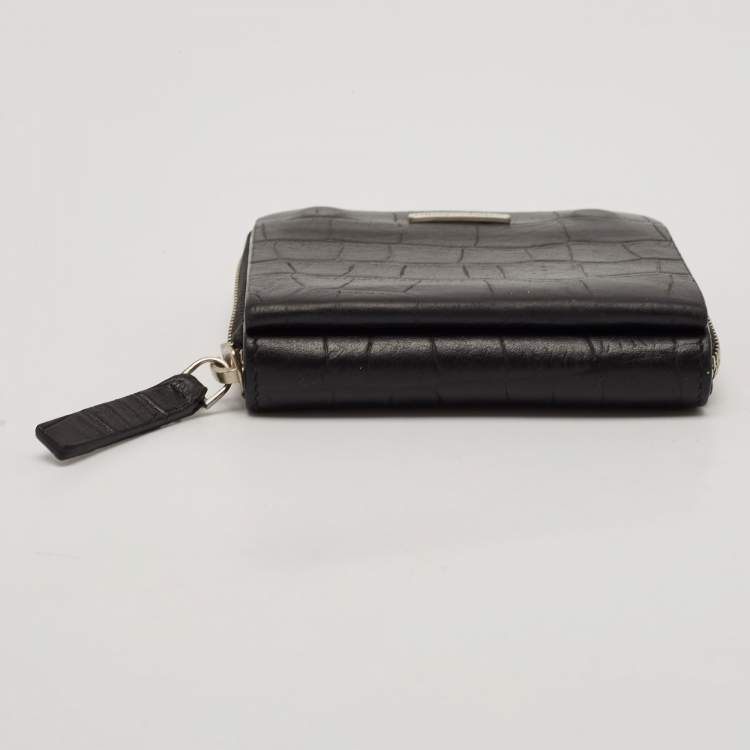 Pre Owned Emporio Armani Black Croc Embossed Leather Zip Around Compact Wallet