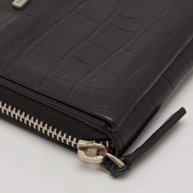 Pre Owned Emporio Armani Black Croc Embossed Leather Zip Around Compact Wallet