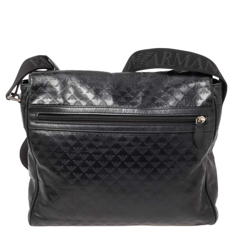 Pre Owned Emporio Armani Black Logo Embossed Leather Messenger Bag 