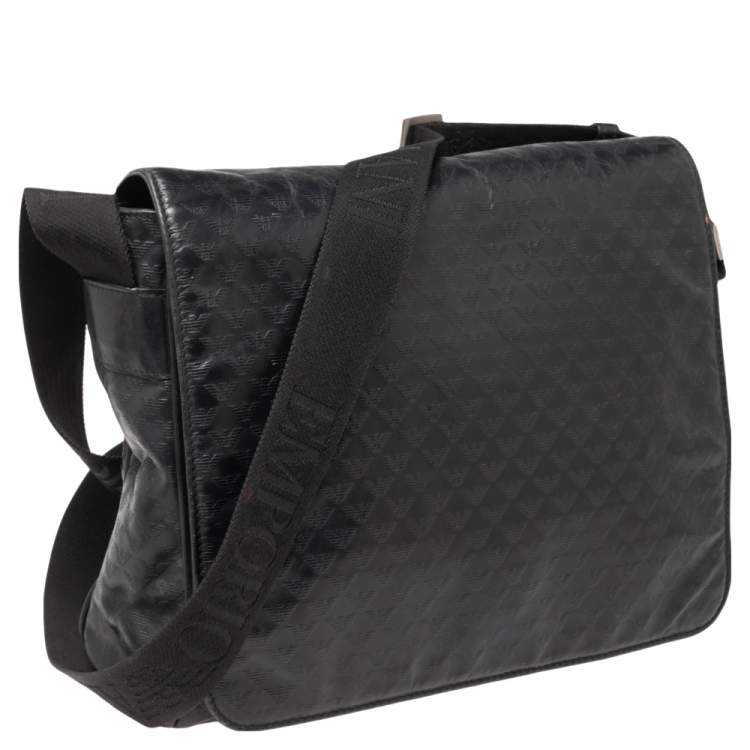 Pre Owned Emporio Armani Black Logo Embossed Leather Messenger Bag 
