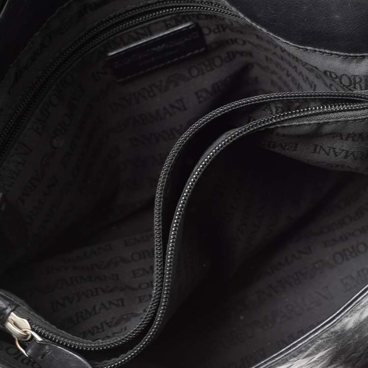 Pre Owned Emporio Armani Black Logo Embossed Leather Messenger Bag 