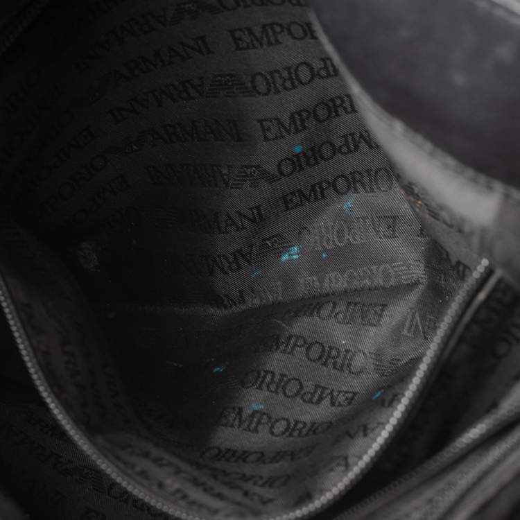 Pre Owned Emporio Armani Black Logo Embossed Leather Messenger Bag 