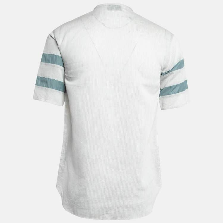 Pre Owned Emporio Armani Grey Striped Cotton Half Placket Shirt M