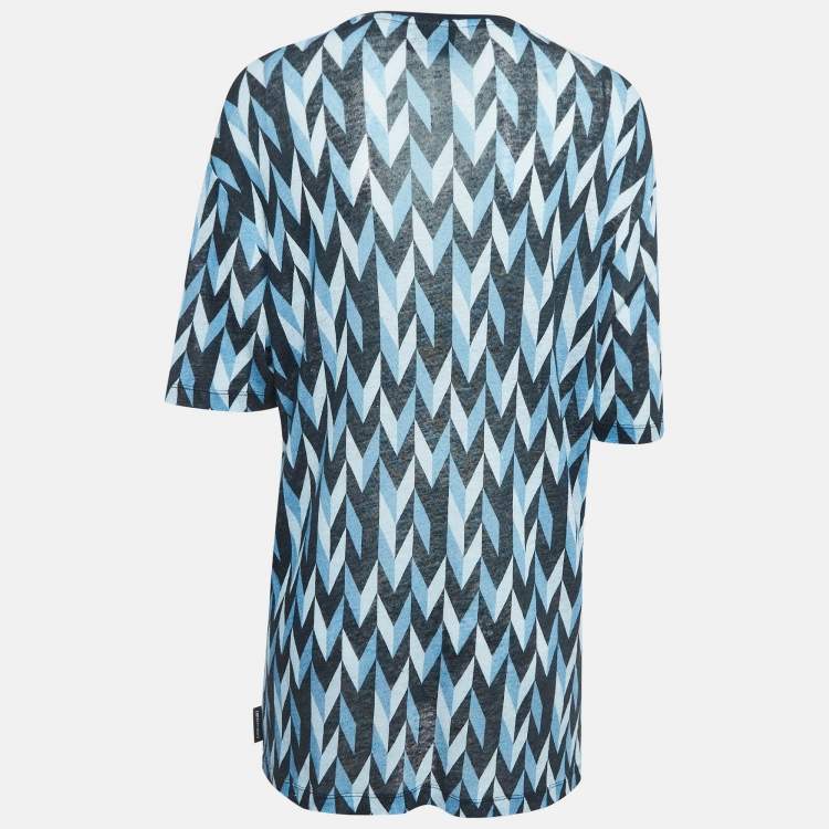 Pre Owned Emporio Armani Blue Printed Linen Knit Crew Neck T-Shirt S