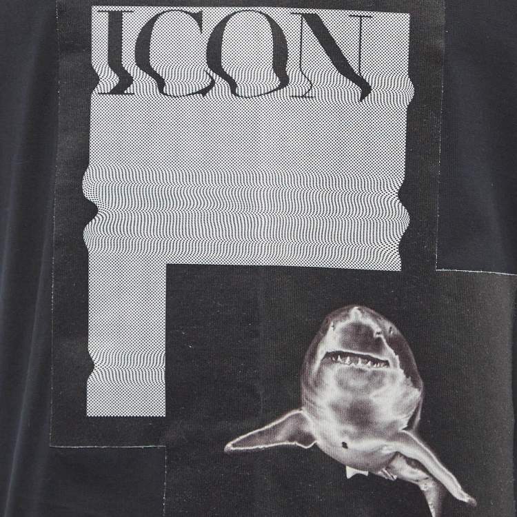 Pre Owned Emporio Armani Black Cotton Shark Applique Jersey V-Neck T-Shirt XL
