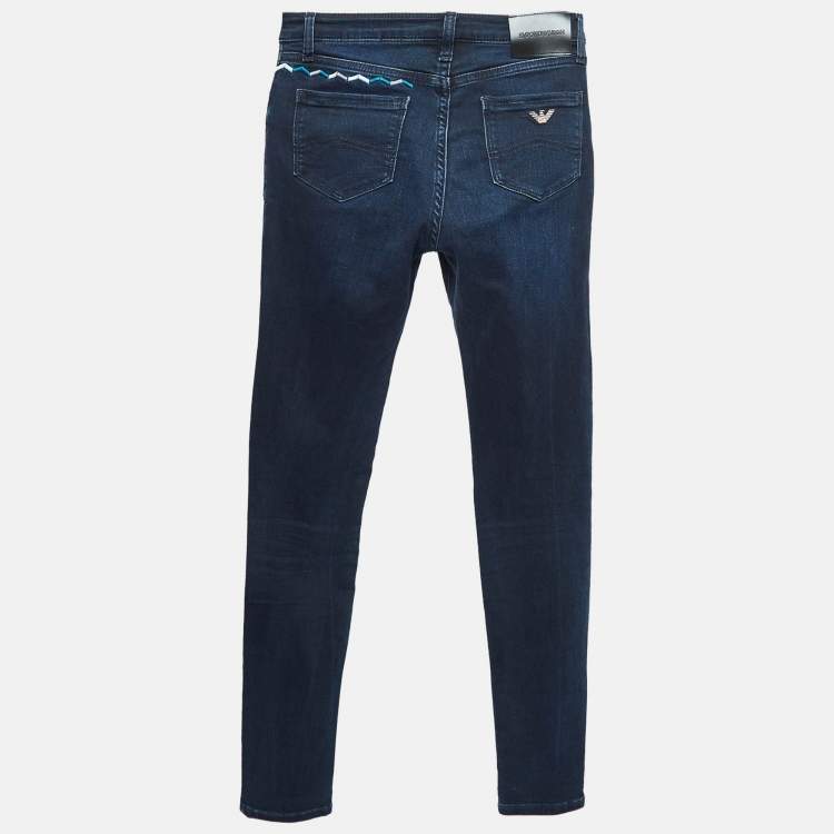 Pre Owned Emporio Armani Washed Embroidered Denim Blue Jeans S Waist 25"