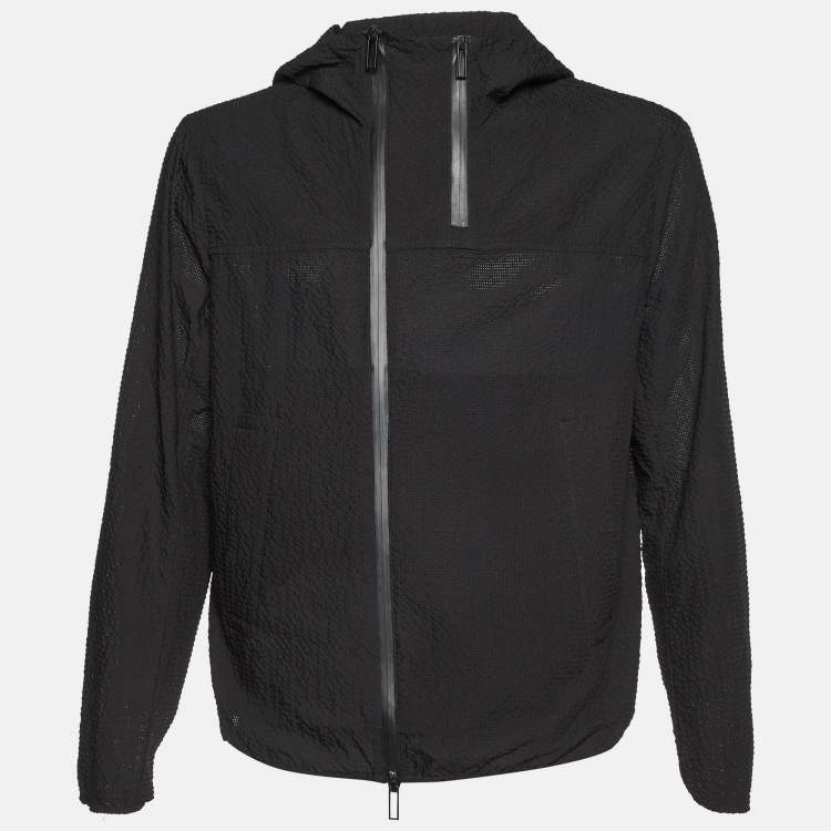 مملوكة مسبقًا Emporio Armani Black Seer Sucker Zip Up Jacket XL
