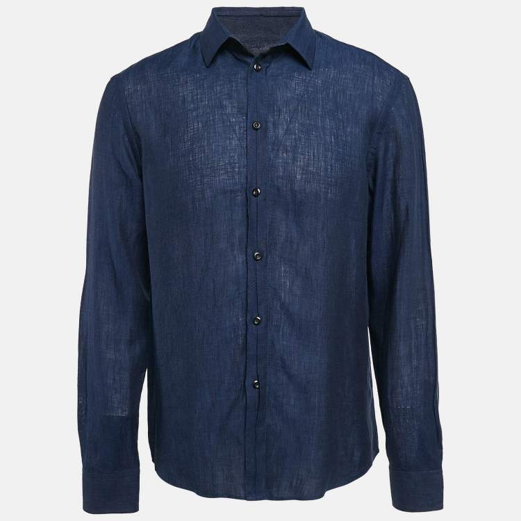 Pre Owned Emporio Armani Blue Linen Long Sleeve Shirt XL