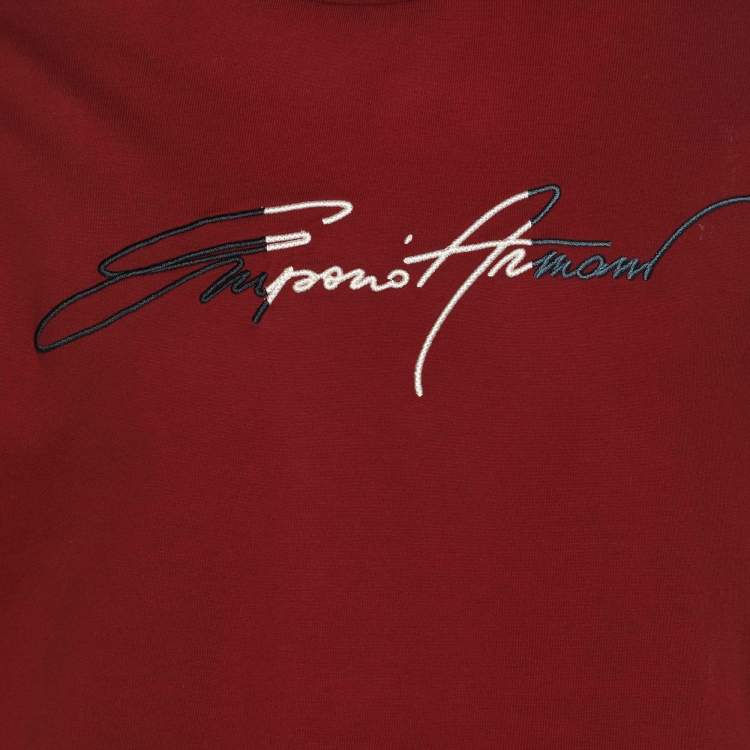 مملوكة مسبقًا Emporio Armani Burgundy Jersey Signature Logo Embroidered T-Shirt XL