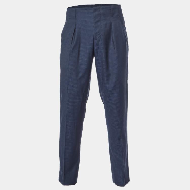 Pre Owned Emporio Armani Navy Blue Patterned Wool Pleated Trousers M
