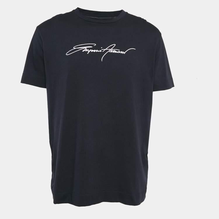 Pre Owned Emporio Armani Navy Blue Logo Embroidered Cotton T-Shirt XXL