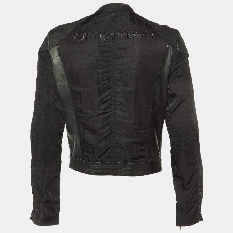 Pre Owned Emporio Armani Misura Black Leather & Nylon Paneled Biker Jacket M