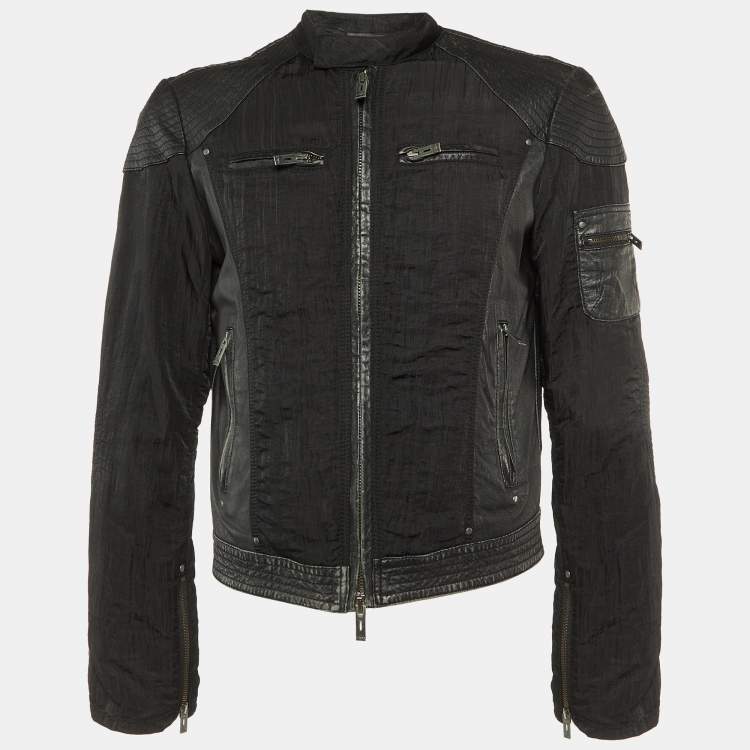 Pre Owned Emporio Armani Misura Black Leather & Nylon Paneled Biker Jacket M