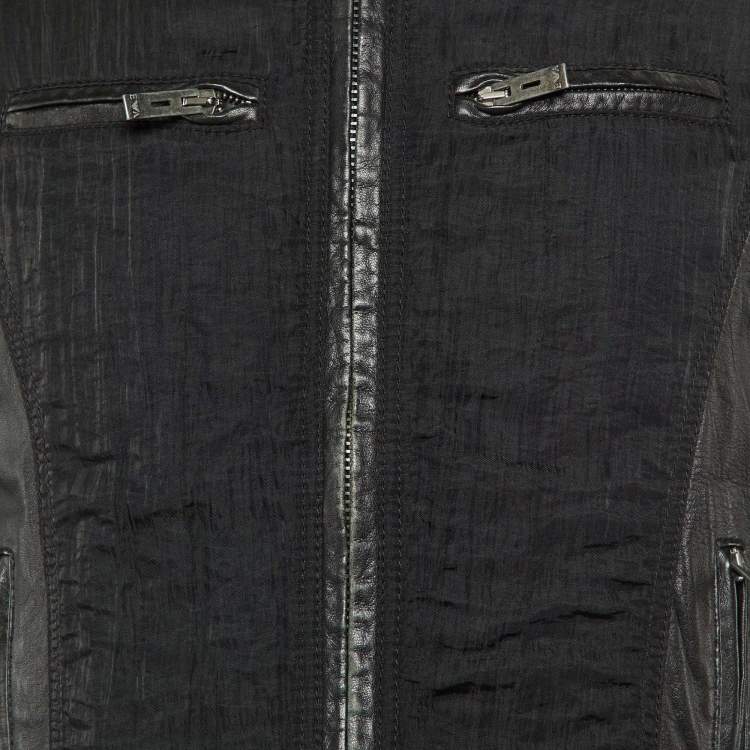 Pre Owned Emporio Armani Misura Black Leather & Nylon Paneled Biker Jacket M