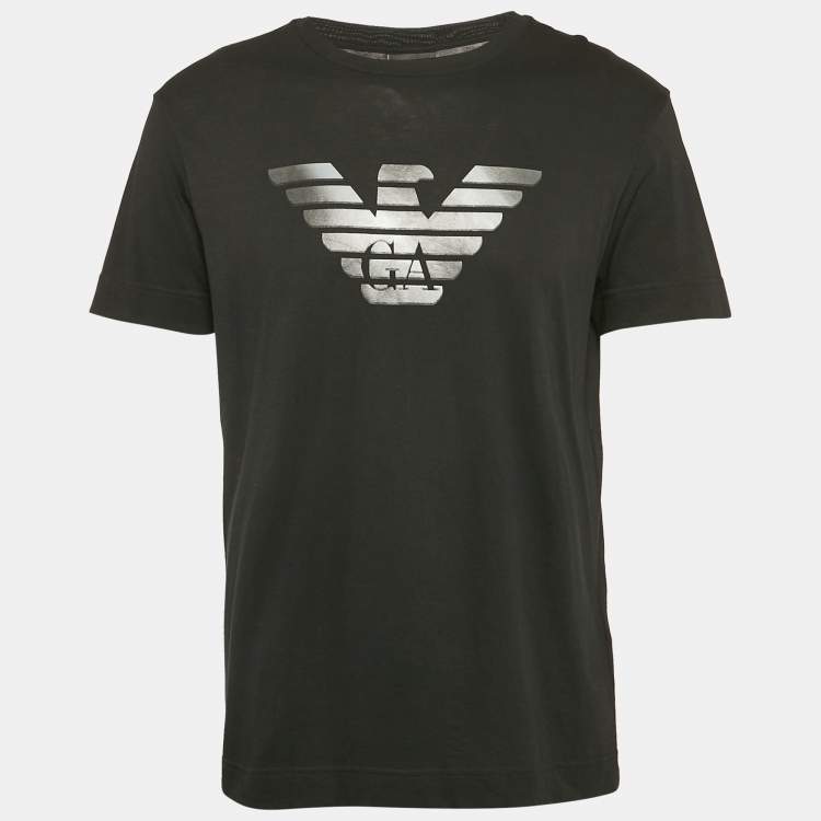 Pre Owned Emporio Armani Black Logo Print Cotton Crew Neck T-Shirt XL