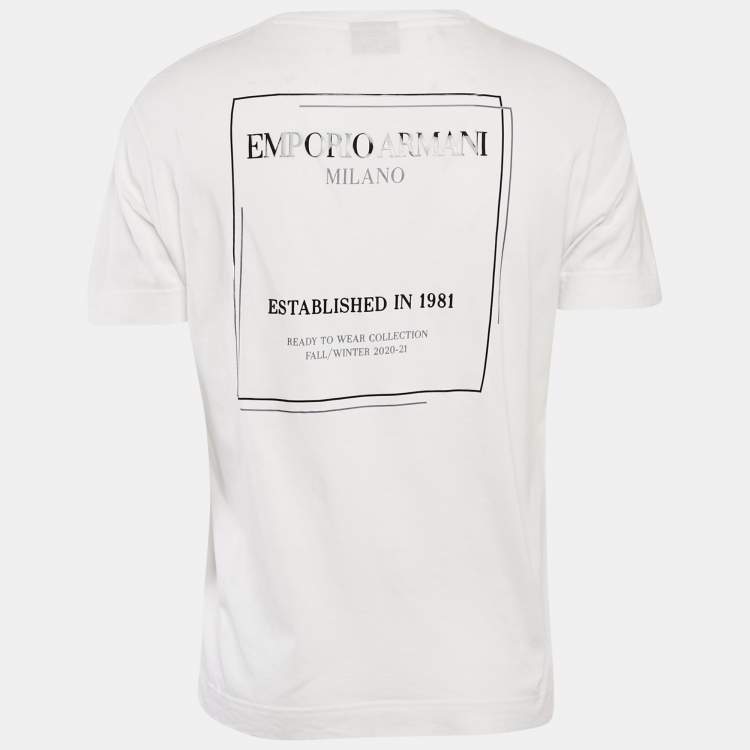 Pre Owned Emporio Armani White Logo Print Crew Neck T-Shirt L