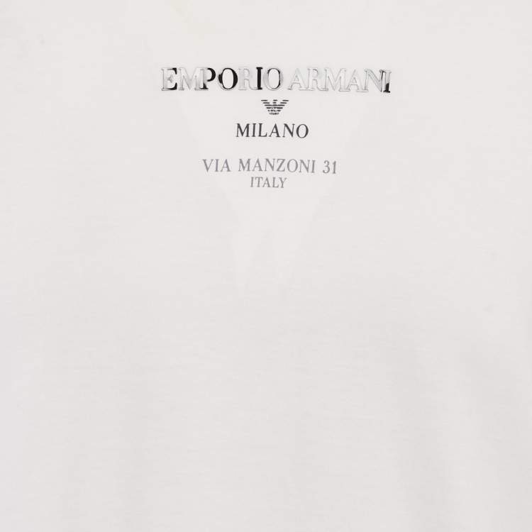 Pre Owned Emporio Armani White Logo Print Crew Neck T-Shirt L
