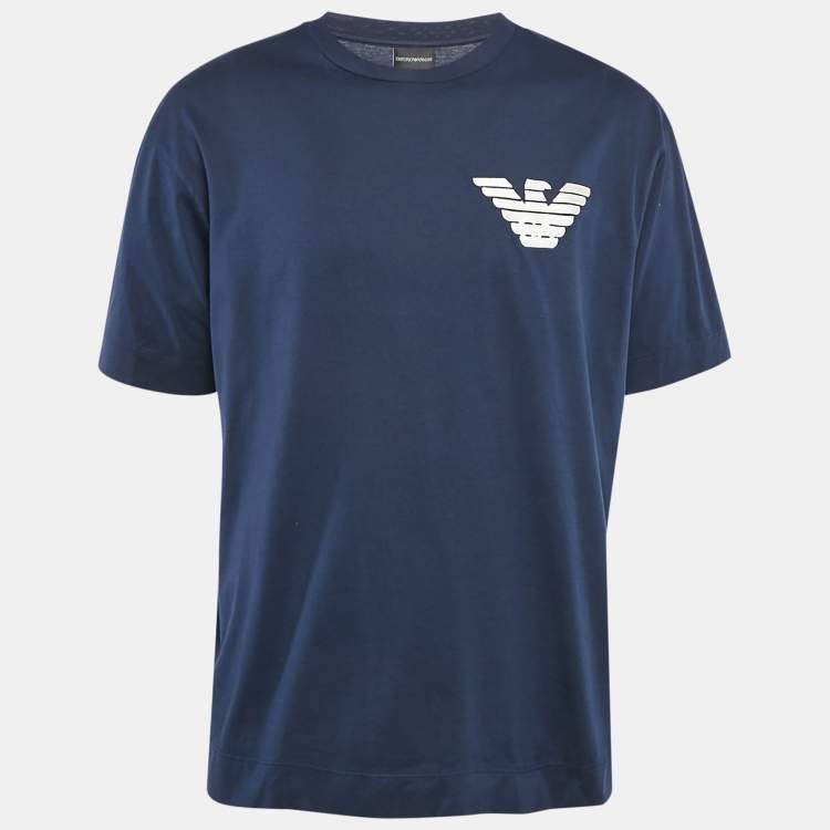 Pre Owned Emporio Armani Navy Blue Logo Applique Jersey T-Shirt XXL